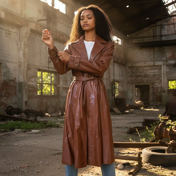 Vintage 70s Wilsons Leather Trench Coat Cognac Brown Belted Size 14 - Picture 3 of 16